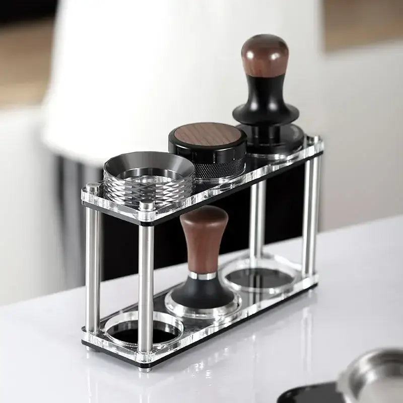 Decorbites acrylic coffee bar utensil rack holding three powder press tamping tools with wooden handles and black bases
