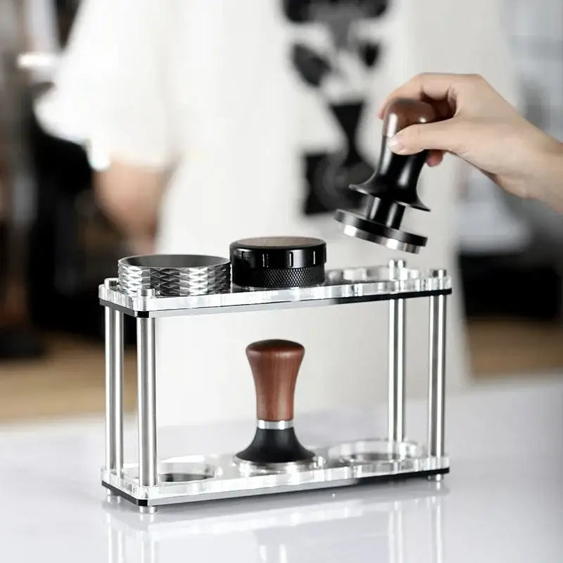 Decorbites™ acrylic coffee bar utensil rack powder press set with silver metallic stand holding two black silver tampers with wooden handles