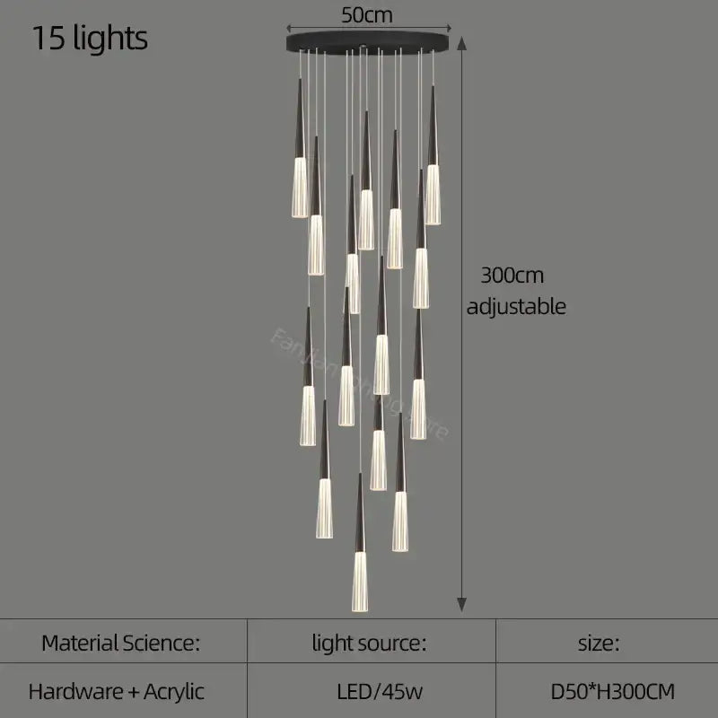 Modern black and white acrylic cone pendant light with 15 adjustable led lights for villa stair kitchen and restaurant