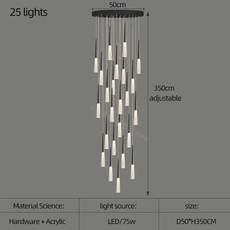 Modern black and white acrylic cone pendant light with 25 adjustable led lights for villa stair kitchen and restaurant