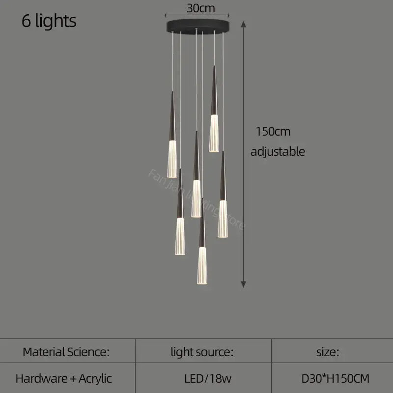 DecorBites™ modern black and white acrylic cone pendant light with six adjustable led lights for villa stair and kitchen