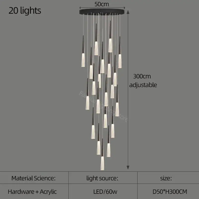 Modern black and white acrylic cone pendant light with 20 adjustable led lights for villa stair kitchen and restaurant