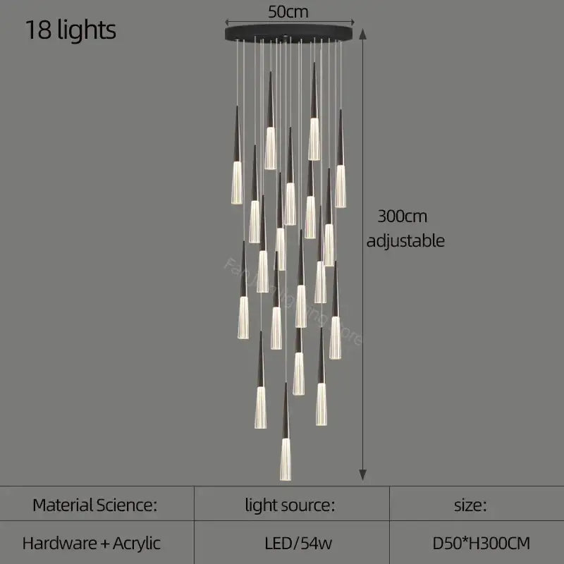 DecorBites™ modern black and white acrylic cone pendant light with 18 LED lights for villa stair kitchen and restaurant