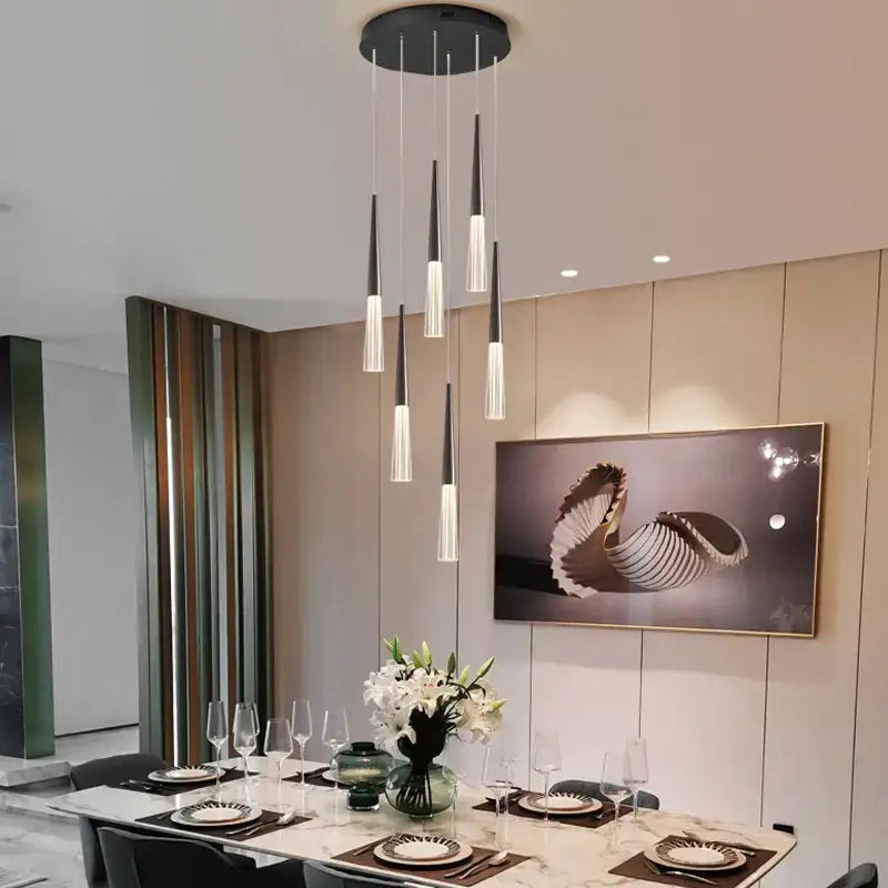 Modern black and white acrylic cone pendant light with tapered glass shades hanging from circular mount for villa stair and kitchen