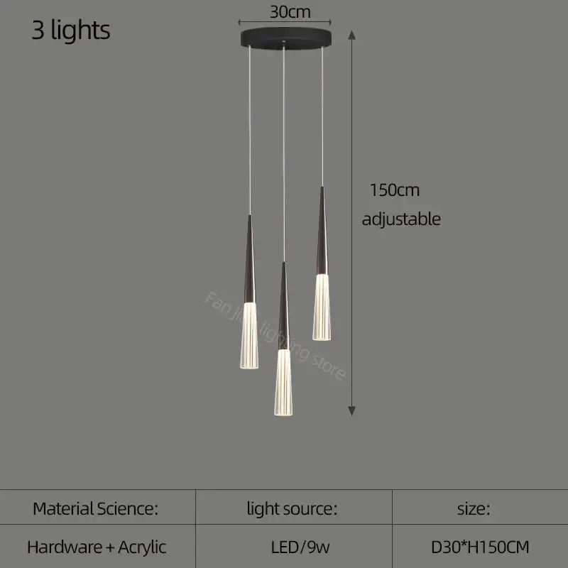 Decorbites acrylic cone pendant light with three adjustable led bulbs in black and white for villa stair or kitchen use