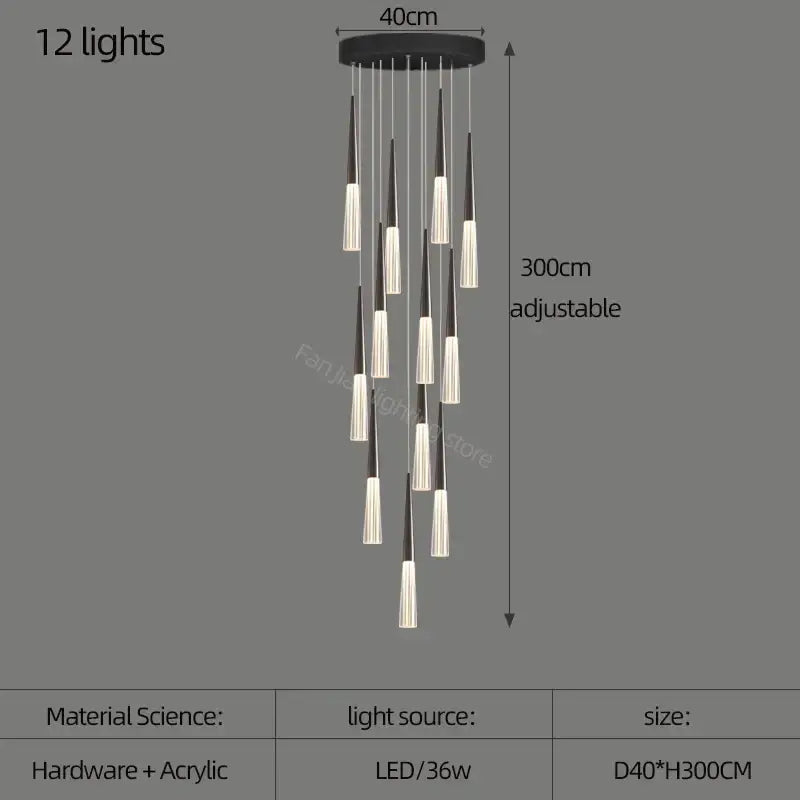 Decorbites acrylic cone pendant light in black and white with 12 led lights for villa stair kitchen and restaurant
