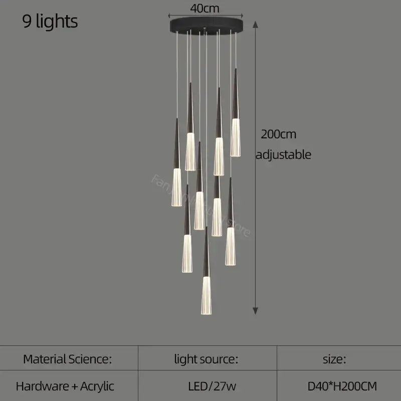 Modern black and white acrylic cone pendant light with nine adjustable led lights for stairs kitchen and restaurant use