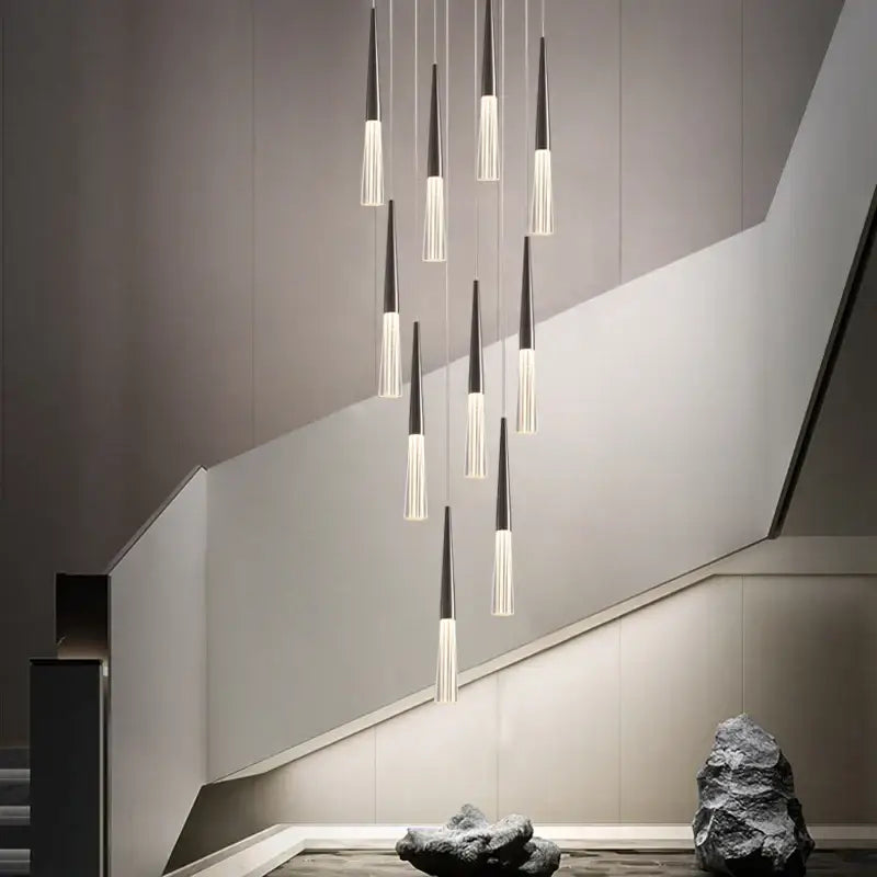 Modern black and white acrylic cone pendant light with sleek tapered design for villa stair kitchen and restaurant use