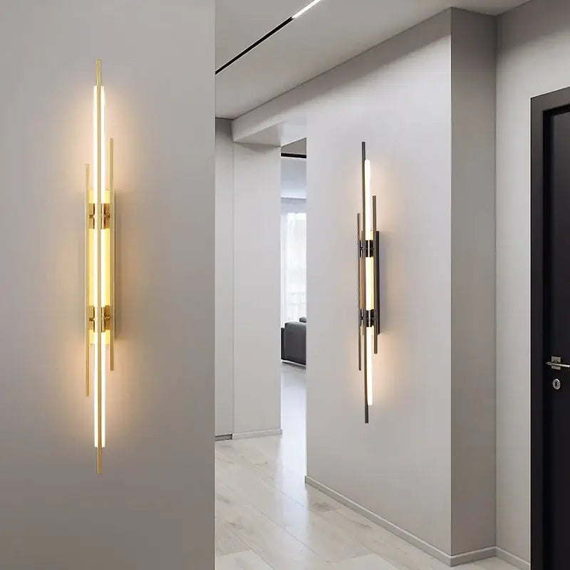Modern gold-toned copper wall sconce with vertical led strips and minimalist acrylic copper wall design for living rooms