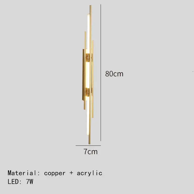 Modern gold-toned copper wall sconce with sleek vertical design featuring acrylic copper wall elements for minimalist living rooms