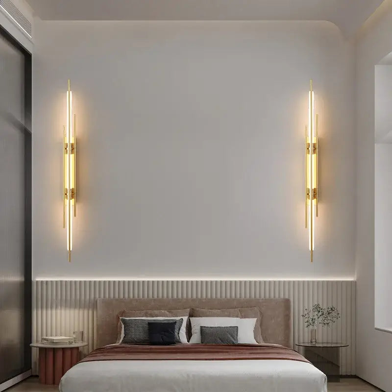 Decorbites™ acrylic copper wall sconce with gold-toned vertical design and warm ambient lighting for minimalist living rooms