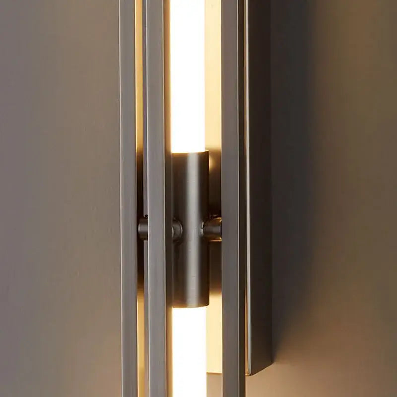 Decorbites acrylic copper wall sconce with modern brushed nickel vertical slats and warm glowing led light strip