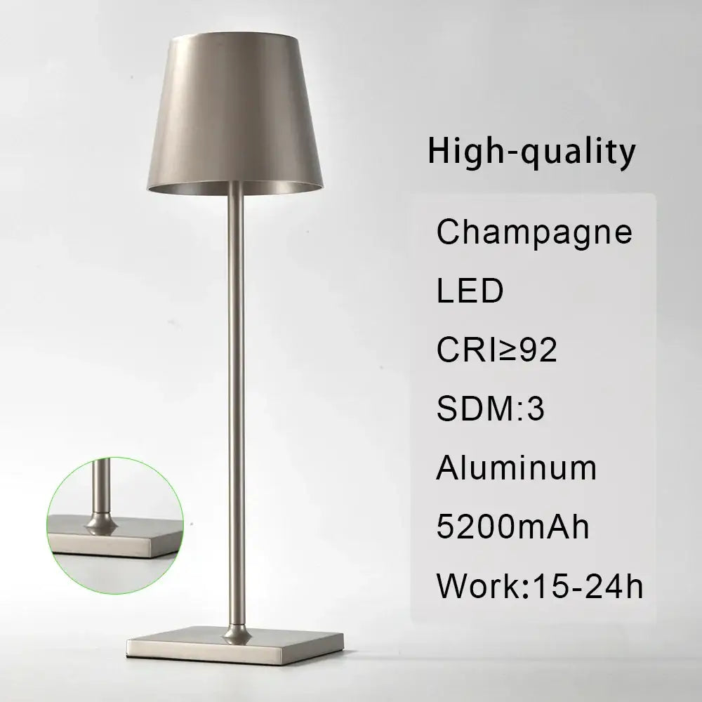 DecorBites™ acrylic crystal art led table lamp with champagne aluminum body and tapered cylindrical shade cordless design