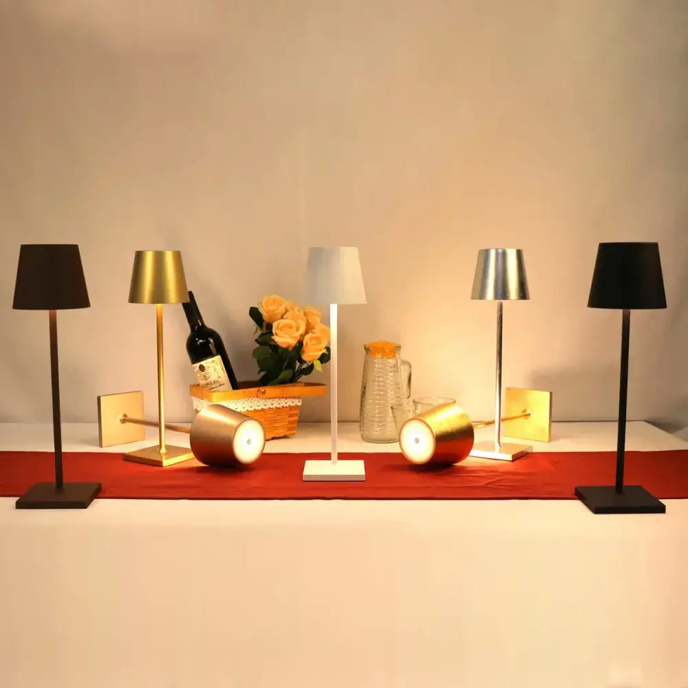 Modern minimalist DecorBites™ acrylic crystal art LED table lamps in black gold and silver with sleek metallic bases