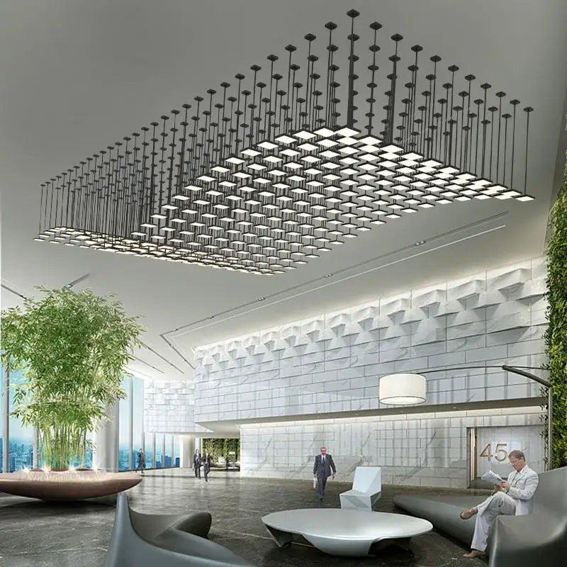 A modern black pendant light with acrylic crystal hanging square panels and slender rods for living room or lobby