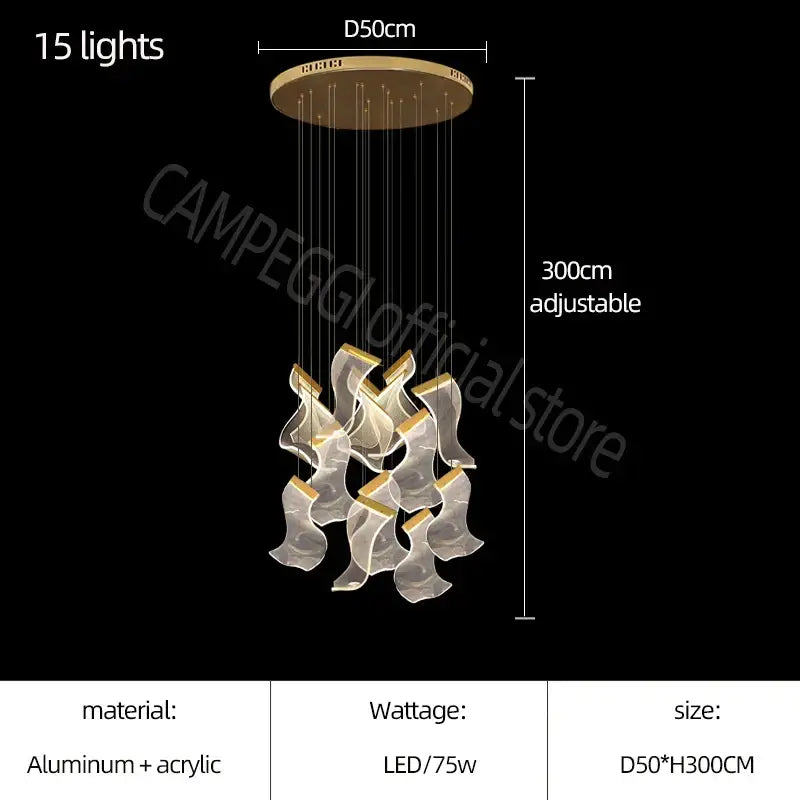 Decorbites acrylic deluxe staircase chandelier with 15 led lights in gold aluminum and translucent acrylic for villa and lobby lighting