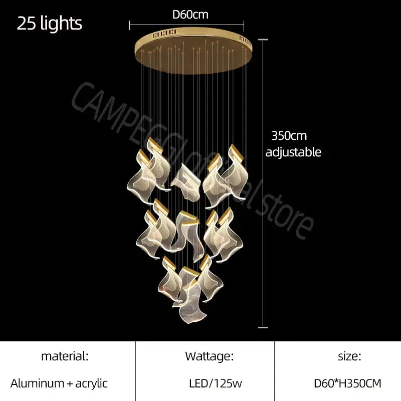 Gold-toned DecorBites acrylic deluxe staircase chandelier with 25 LED lights and acrylic flame-shaped shades on aluminum base