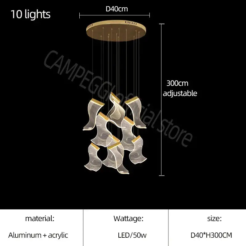 Modern gold-toned decorbites acrylic deluxe staircase chandelier with ten translucent acrylic light fixtures and aluminum mount