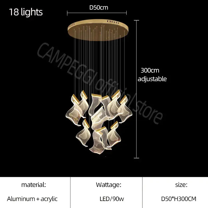 Gold-toned acrylic deluxe staircase chandelier with 18 led lights and flame-shaped shades for villa and lobby decor lighting