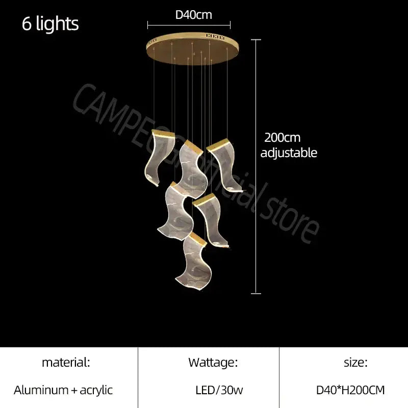 Modern gold-toned decorbites acrylic deluxe staircase chandelier with six flowing acrylic light fixtures on aluminum base