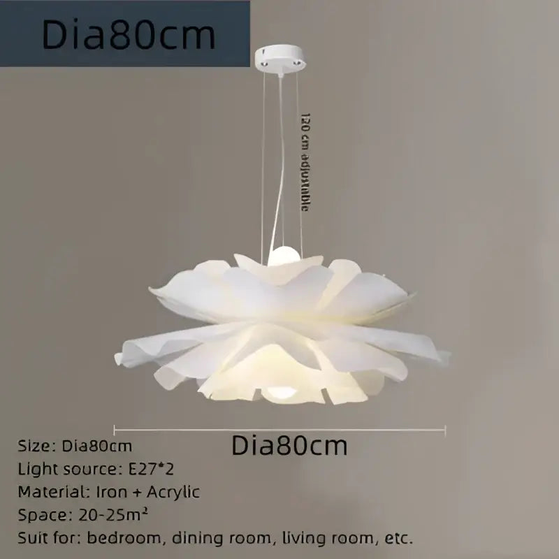 White acrylic flower chandelier pendant light with iron frame for dining and bedroom decor by decorbites