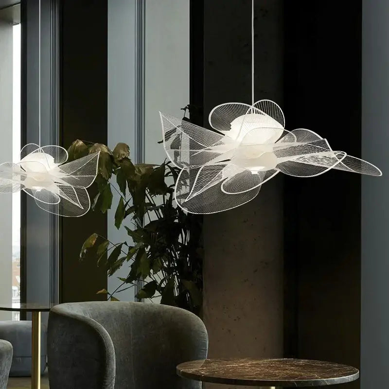 Delicate white acrylic flower chandelier pendant light with translucent central bulb for living room and restaurant decor