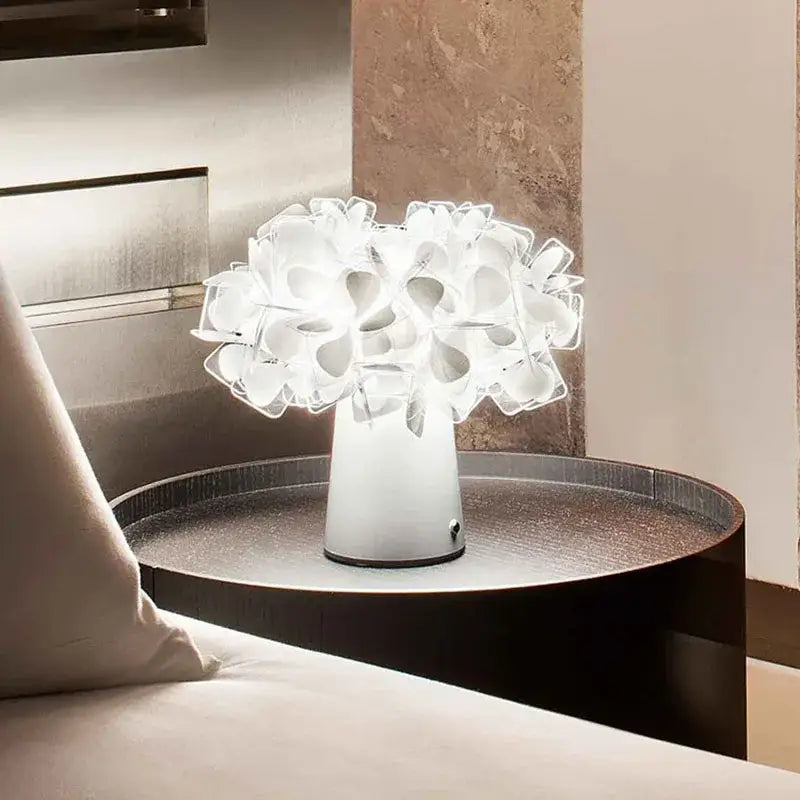 DecorBites acrylic flower led table lamp in white with translucent layered design and cylindrical base for bedroom lighting