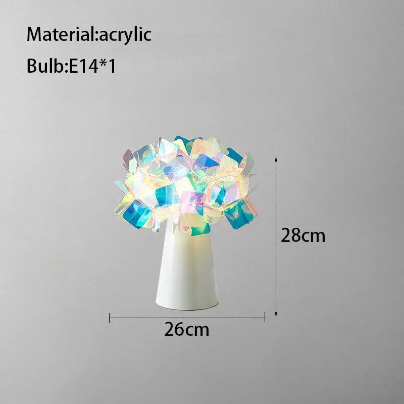 Decorbites acrylic flower led table lamp with white conical base and glowing iridescent acrylic flower led top for indoor lighting