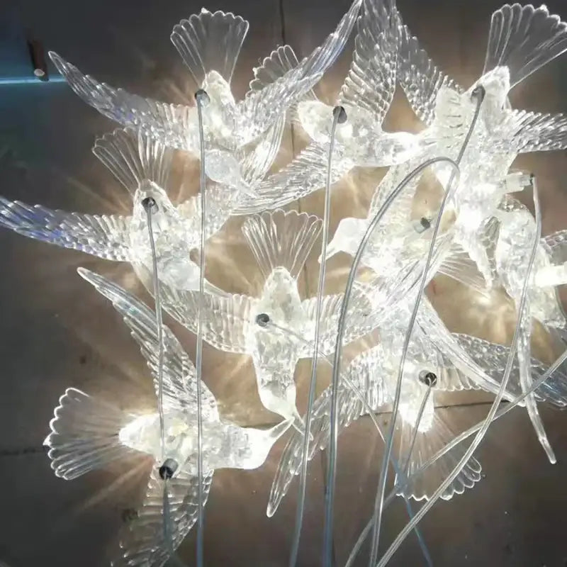 Clear acrylic flying birds led lamp with intricate feather details and embedded lights for wedding party décor
