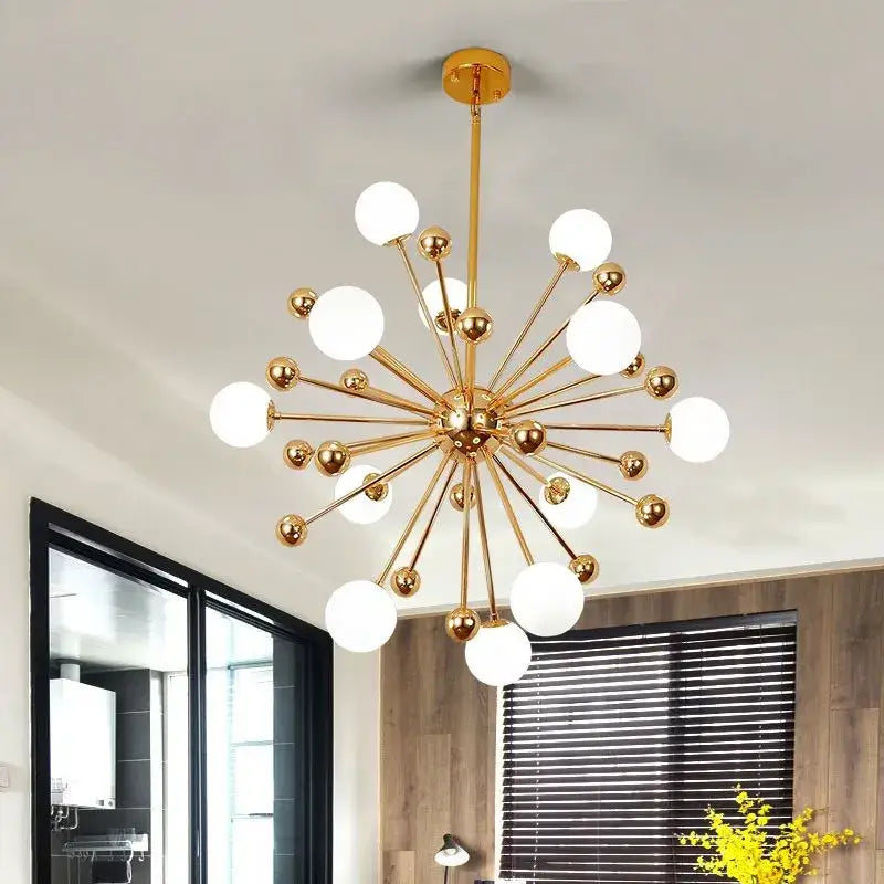 Gold-finished decorbites acrylic molecule chandelier with frosted glass globes for dining room lighting