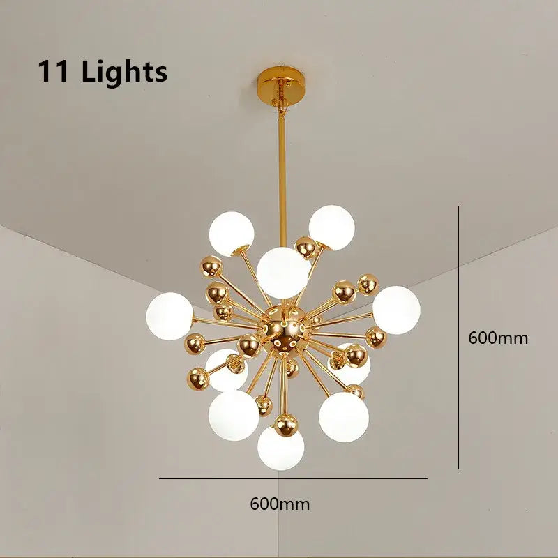 Gold-finished decorbites acrylic molecule chandelier with 11 frosted glass globes in starburst design for dining room