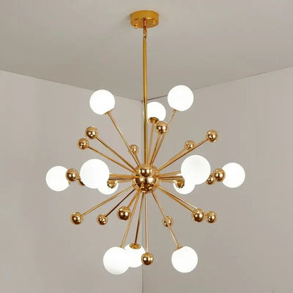 Gold-toned decorbites acrylic molecule chandelier with frosted globe bulbs and metallic spheres for dining room lighting
