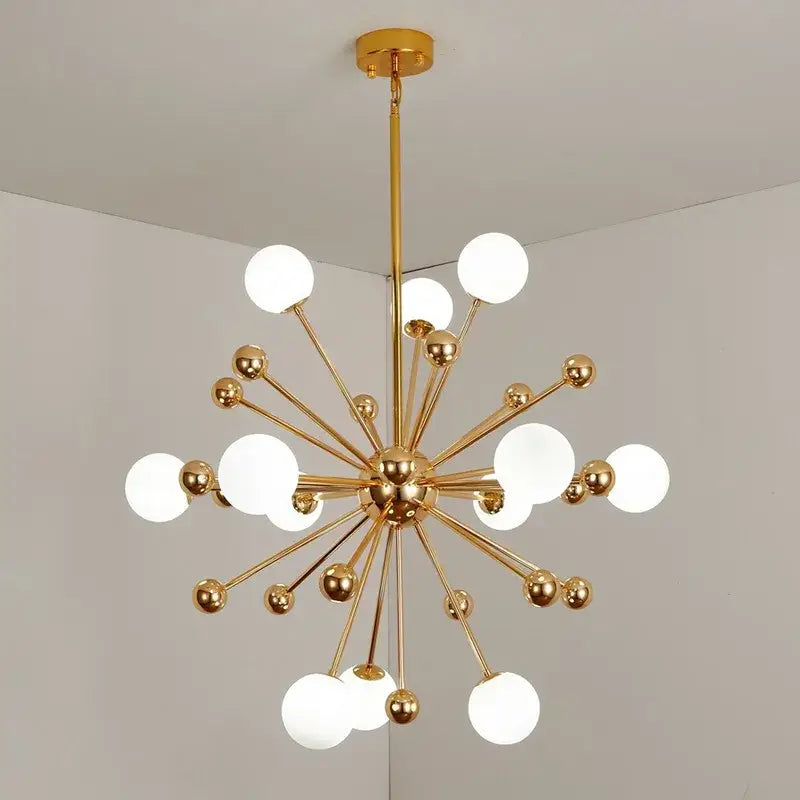 Gold-toned decorbites acrylic molecule chandelier with frosted globe bulbs and metallic spheres for dining room lighting