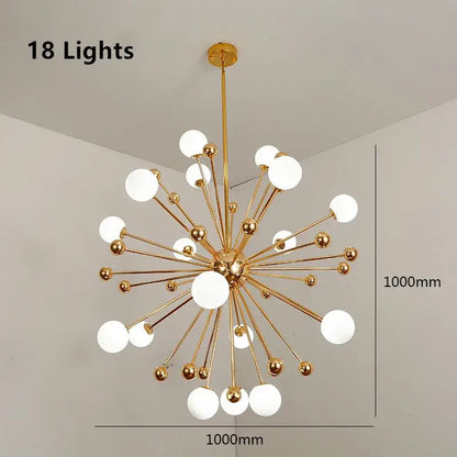 Gold-finished decorbites acrylic molecule chandelier with 18 frosted glass globes in starburst design for dining room