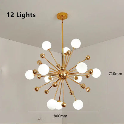 Gold finished decorbites acrylic molecule chandelier with twelve frosted glass globes in a starburst design for dining room