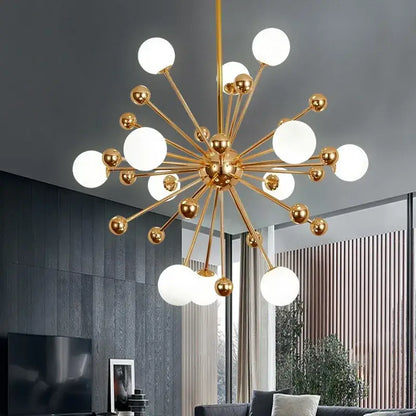 Gold-toned decorbites acrylic molecule chandelier with spherical white glass globes and metallic accents for dining room lighting