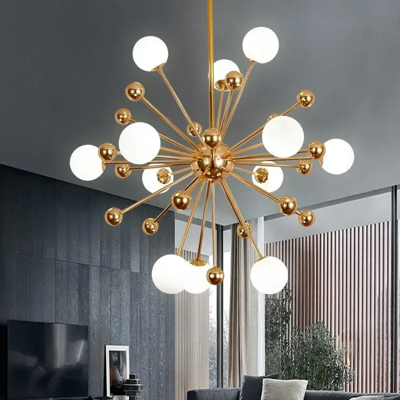 Gold-toned decorbites acrylic molecule chandelier with spherical white glass globes and metallic accents for dining room lighting