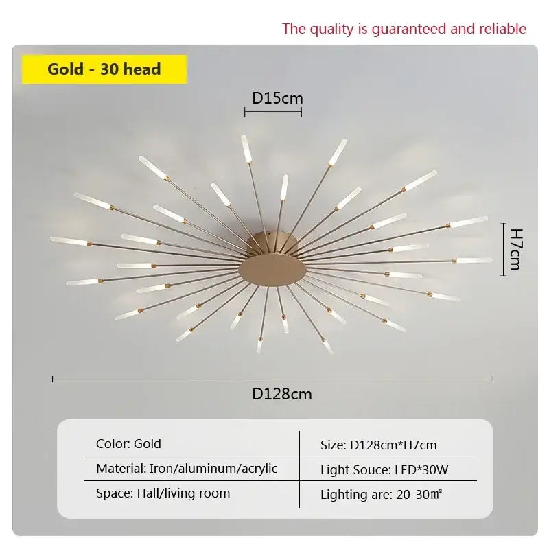 Gold-colored decorbites acrylic sunflower ceiling lamp with 30 LED arms starburst design for living room lighting