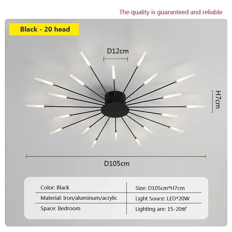 Black modern decorbites acrylic sunflower ceiling lamp with 20 slender arms and frosted acrylic led bulbs for living room