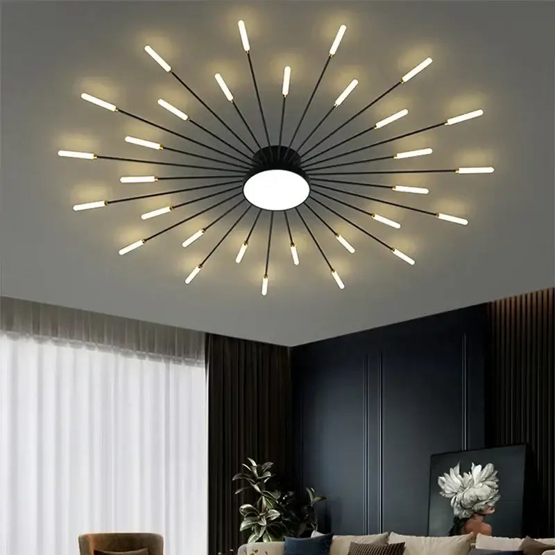 Modern black metal ceiling lamp with slender arms and illuminated LED bulbs, ideal for decorbites acrylic sunflower ceiling