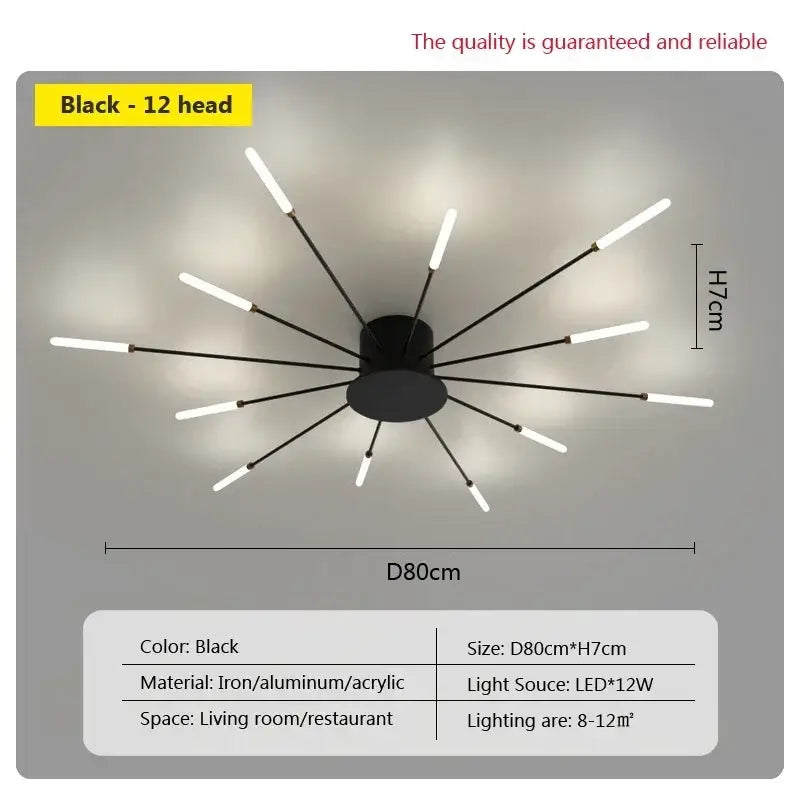 Black decorbites acrylic sunflower ceiling lamp with twelve slender arms LED bulbs made of iron and acrylic for living room
