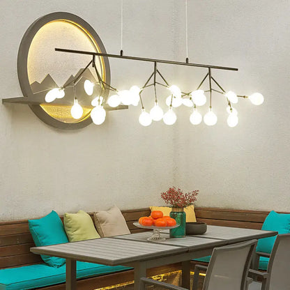 Modern black metal firefly metal pendant chandelier with adjustable hanging cord and multiple white spherical bulbs for bedroom