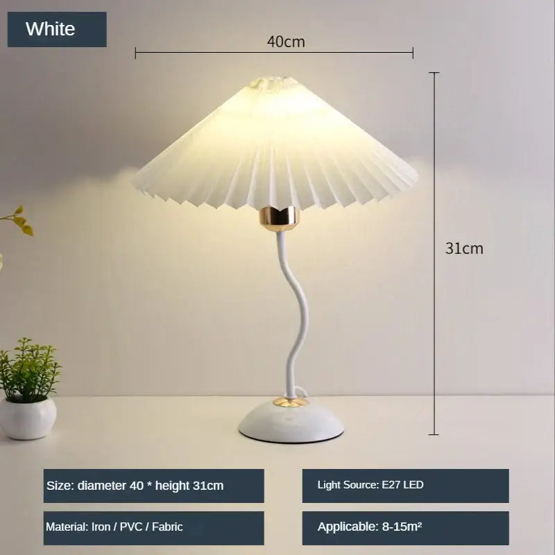 Decorbites adjustable pleated table lamp with cream white fabric shade gold toned curved base for bedroom or desk use