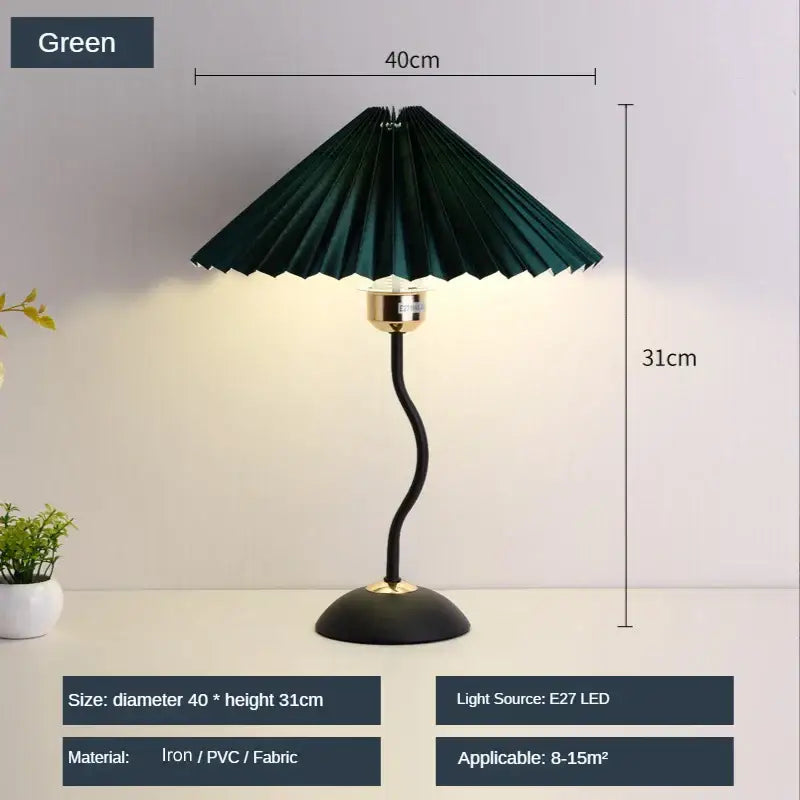 Green pleated fabric lampshade with curved black iron and pvc base decorbites adjustable pleated table lamp for bedroom