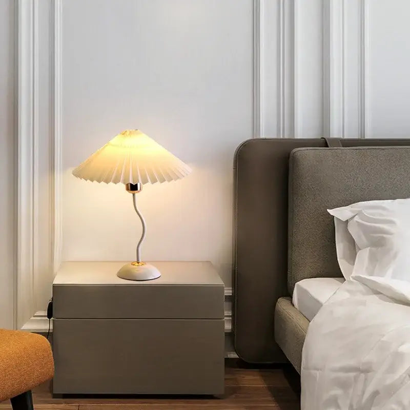 Decorbites adjustable pleated table lamp cream with gold base on minimalist nightstand for bedroom light