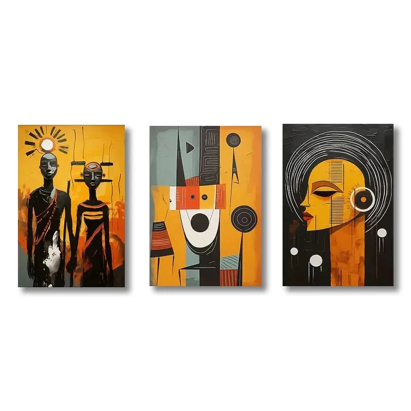 DecorBites™ african abstract wall art set of three canvases with bold geometric patterns in orange black and gray tones