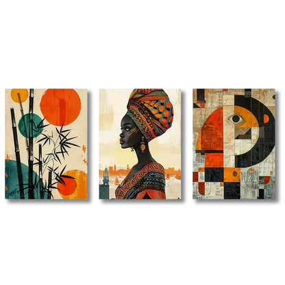 Decorbites african abstract wall art set of three vibrant prints with bold geometric patterns in warm orange and teal tones
