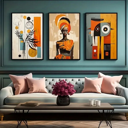 A vibrant purple floral arrangement in a black vase complements the decorbites™ african abstract wall art set 3 pieces