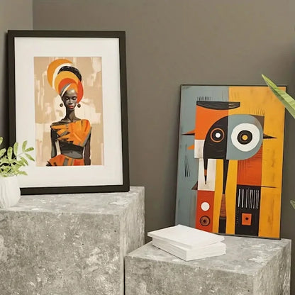 Black-framed decorbites™ african abstract wall art set featuring stylized african woman in orange and beige tones