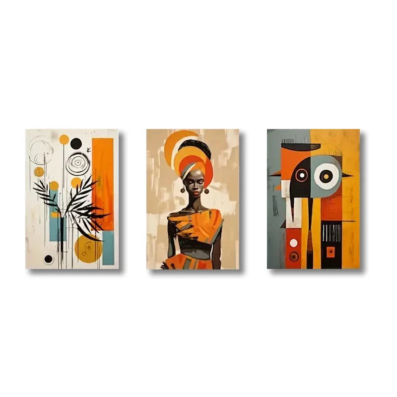 Set of three decorbites™ african abstract wall art canvases featuring bold geometric shapes and vibrant orange accents